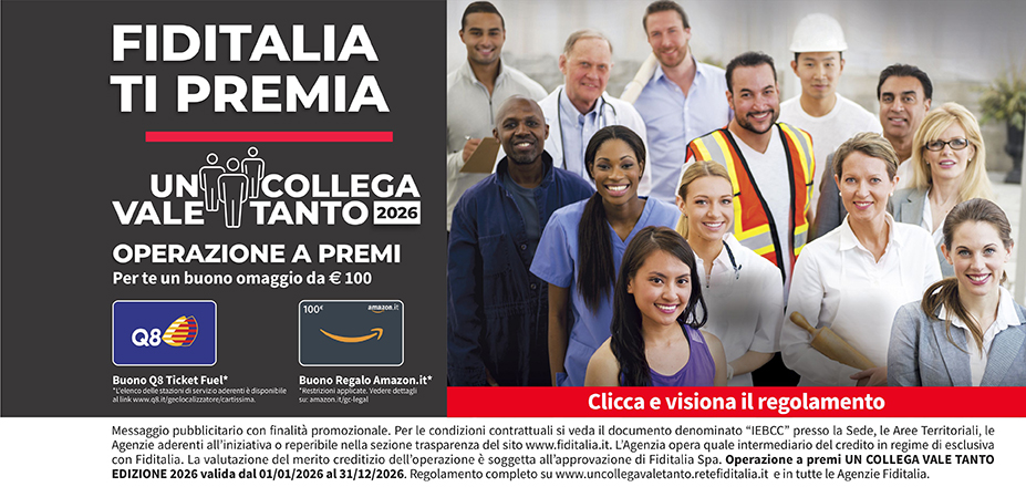 Agenzia A.G. Trade S.r.l. Fiditalia | Padova, Vicenza, Mestre | Fiditalia ti premia - Vinci un buono omaggio da €100. Operazione a premi. Clicca e visiona il regolamento. Operazione a premi UN COLLEGA VALE TANTO 2025 valida dal 01/01/2025 al 31/12/2025. Regolamento completo www.uncollegavaletanto.retefiditalia.it